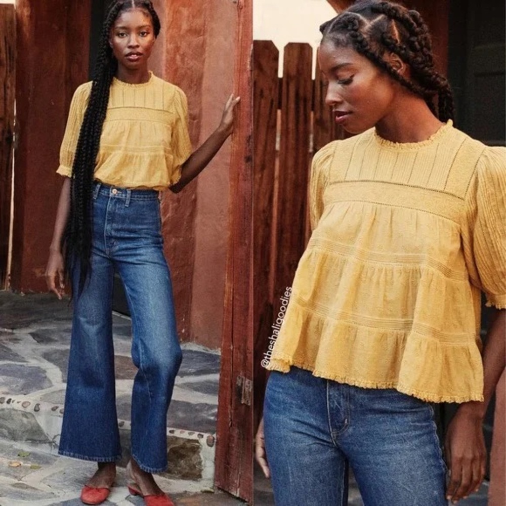 Doen Mustard Yellow Cotton Pintuck Peplum Blouse